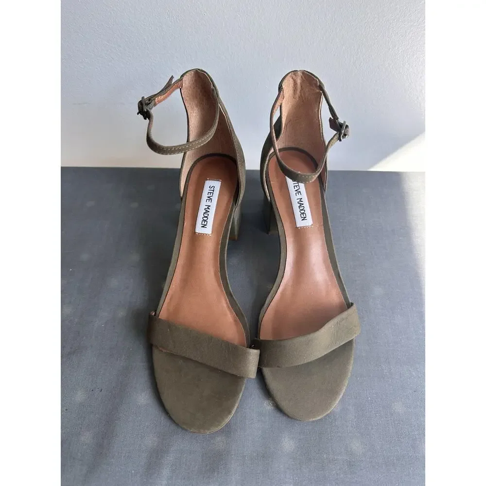 Steve Madden Size 8M Olive Green Irenee Chunk Heel Ankle Strap Block 2.5 Leather